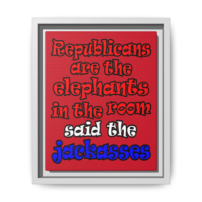 donkeys and elephants - framed canvas art (dark red)