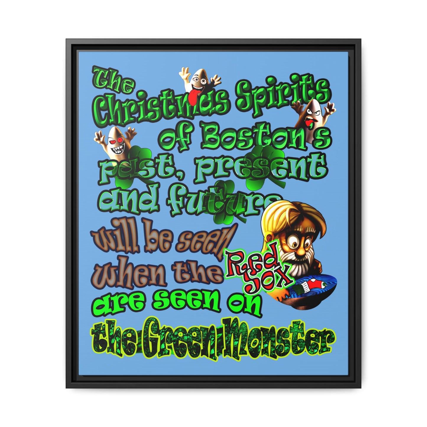 christmas spirits of boston - framed canvas art (light blue)