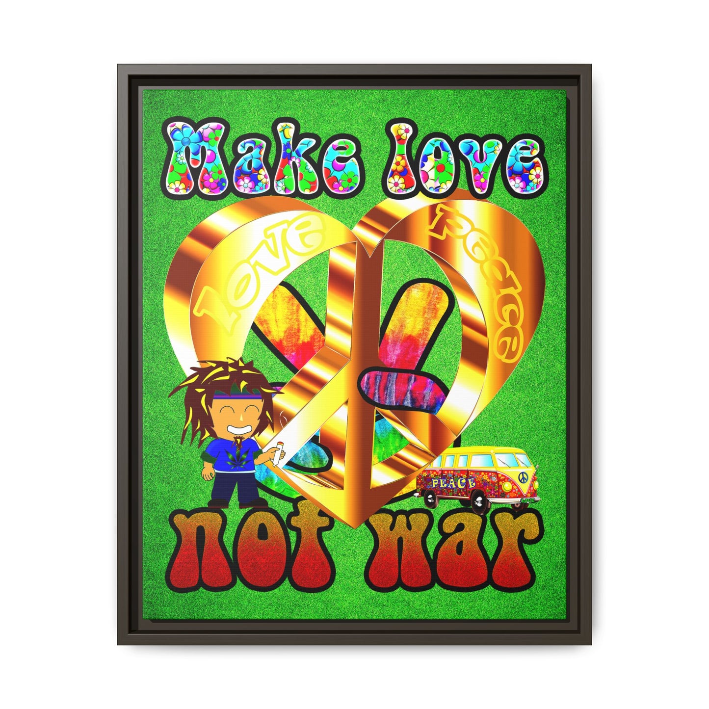 love peace - framed canvas art (green turf)