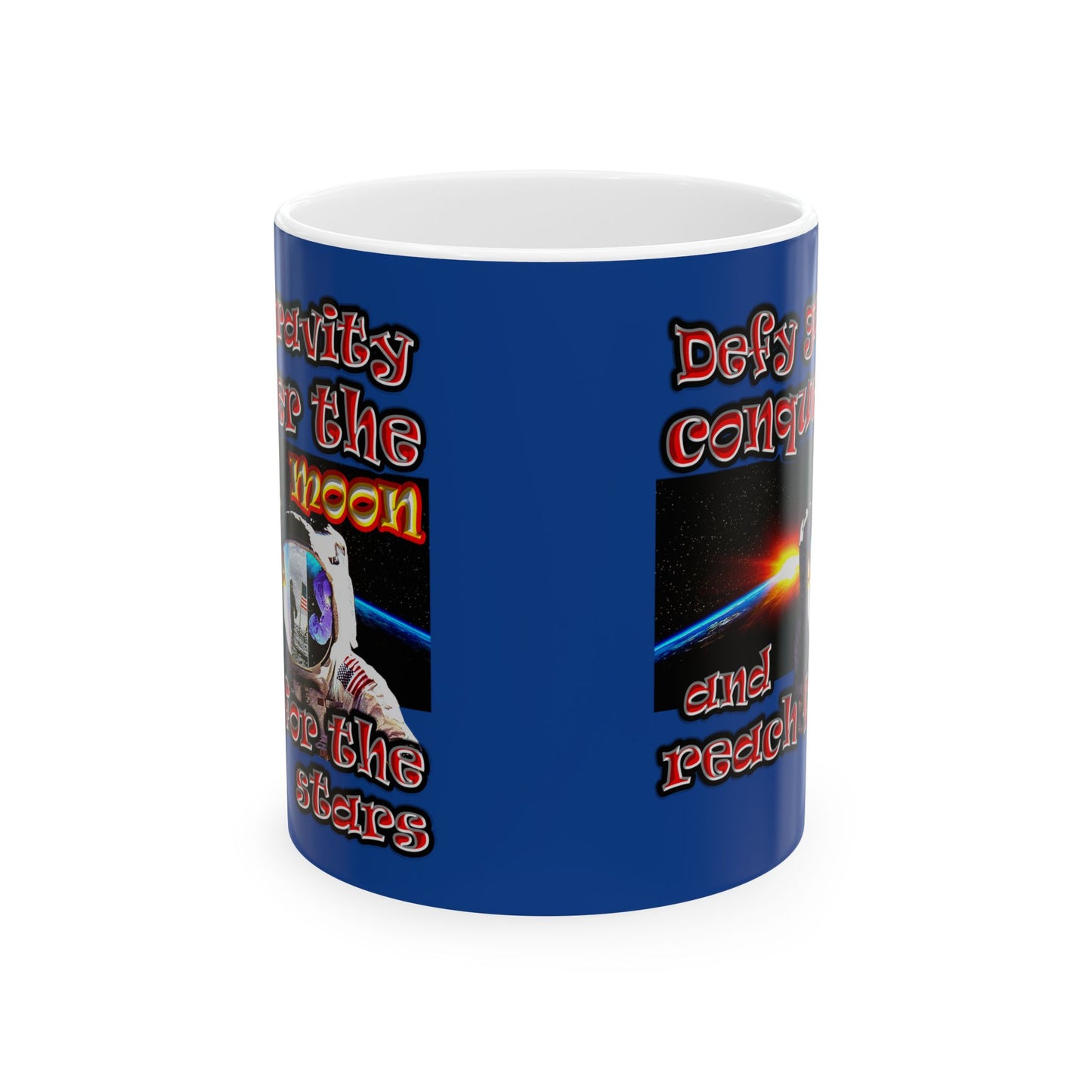 defy conquer reach - White Mug (dark blue)