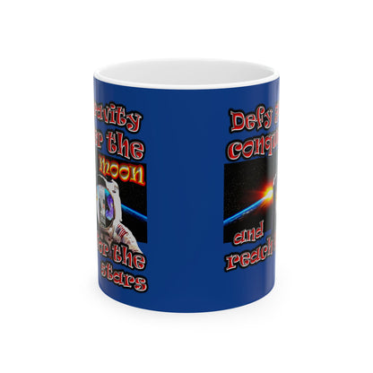 defy conquer reach - White Mug (dark blue)