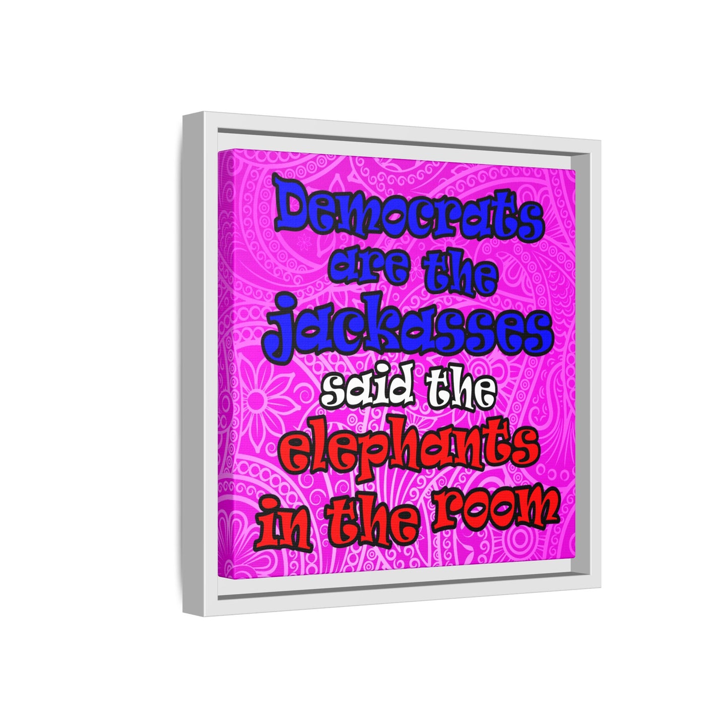 donkeys and elephants - framed canvas art (pink swirl)