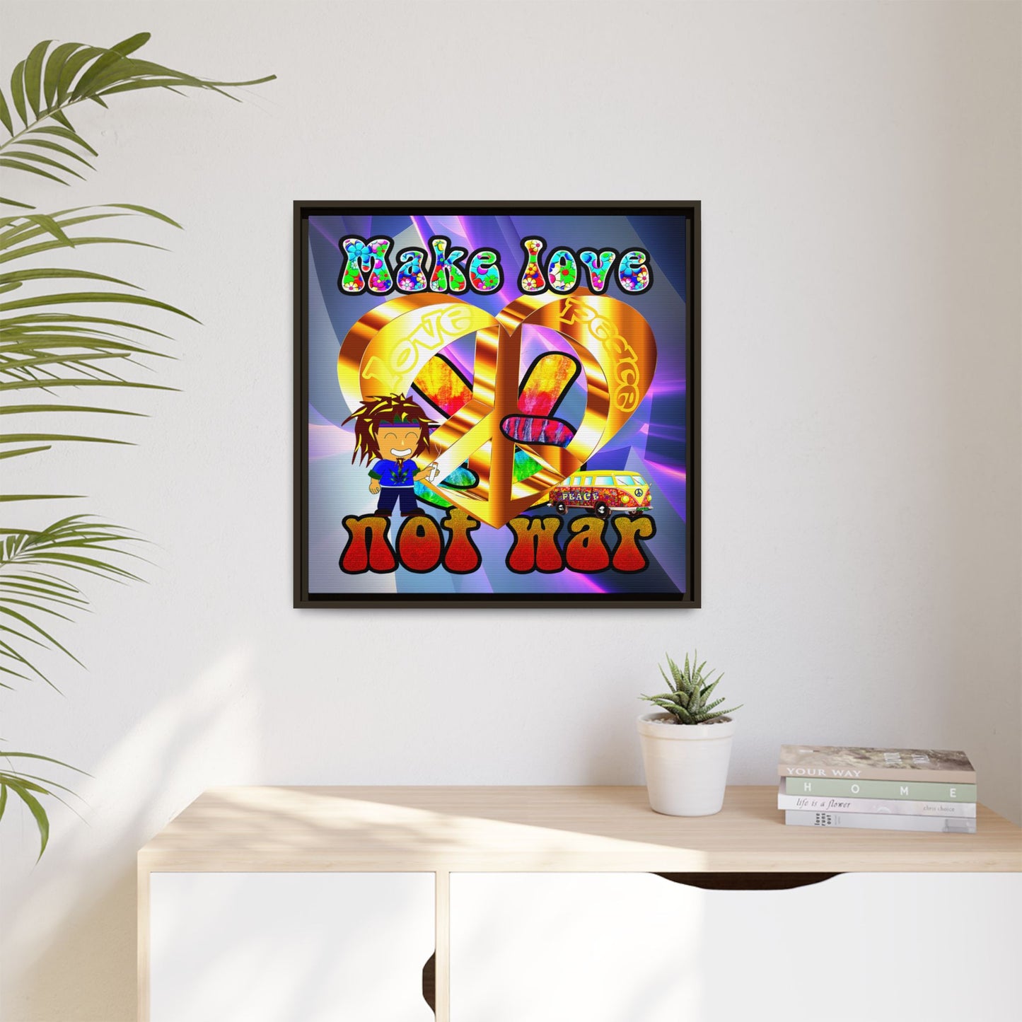 love peace - framed canvas art (grey-pink wave)