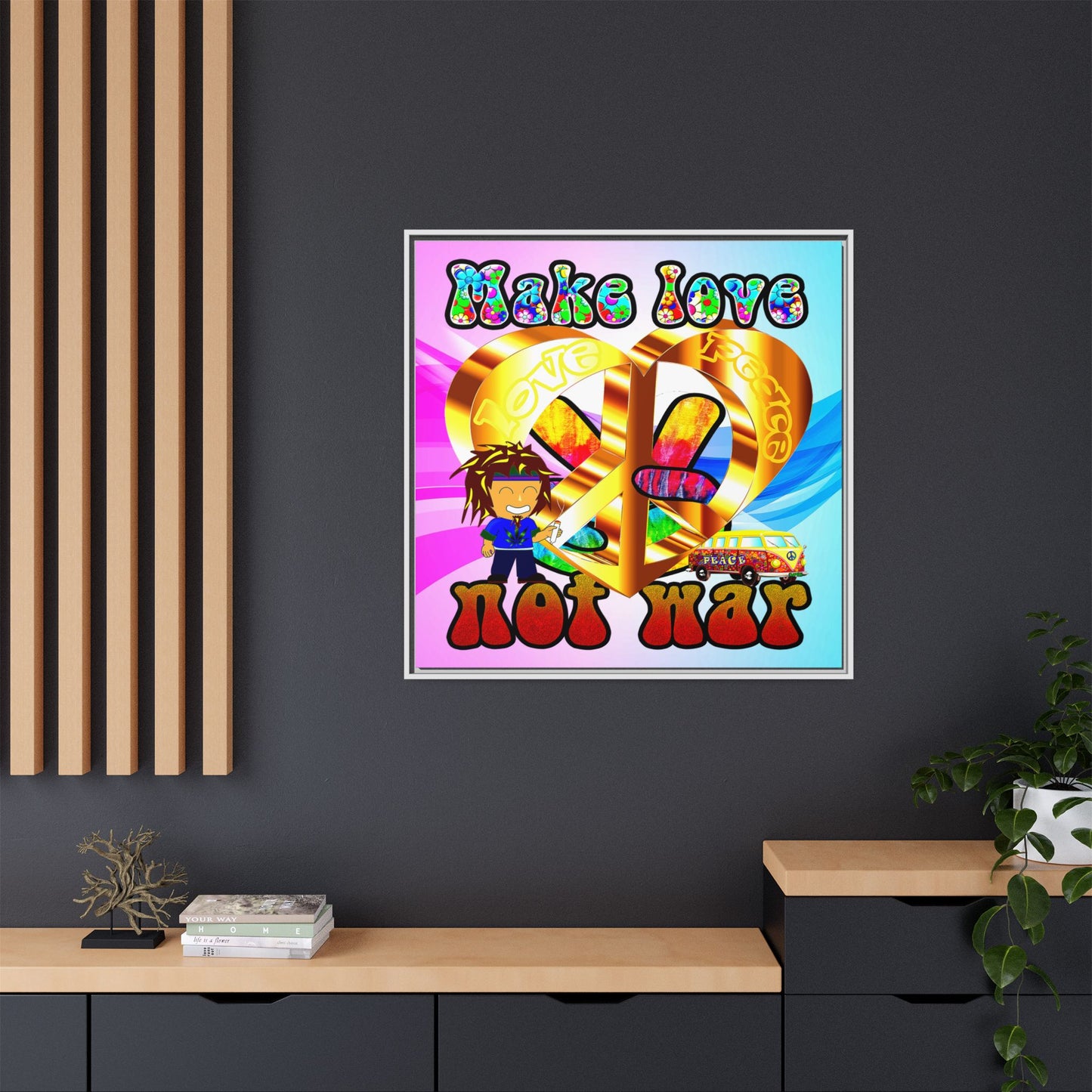 love peace - framed canvas art (light blue-pink wave)