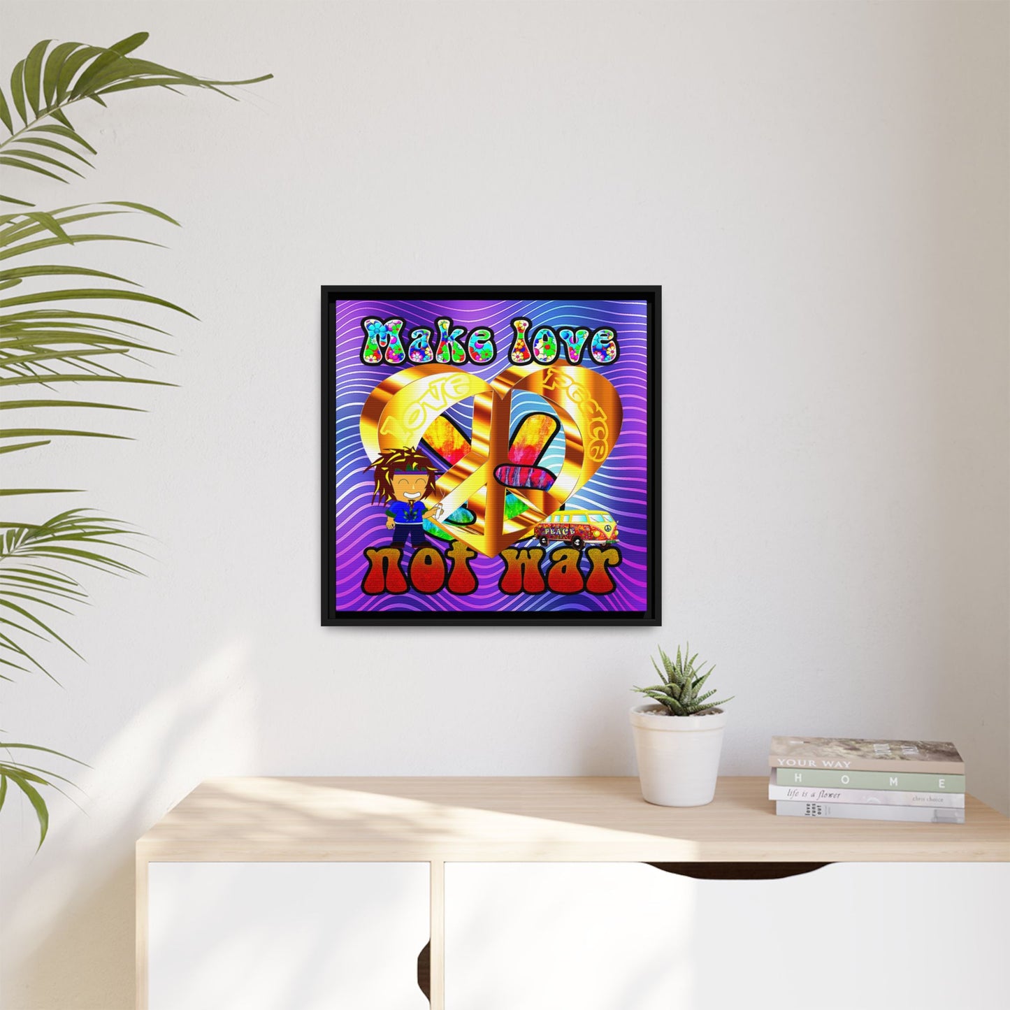 love peace - framed canvas art (purple wave)