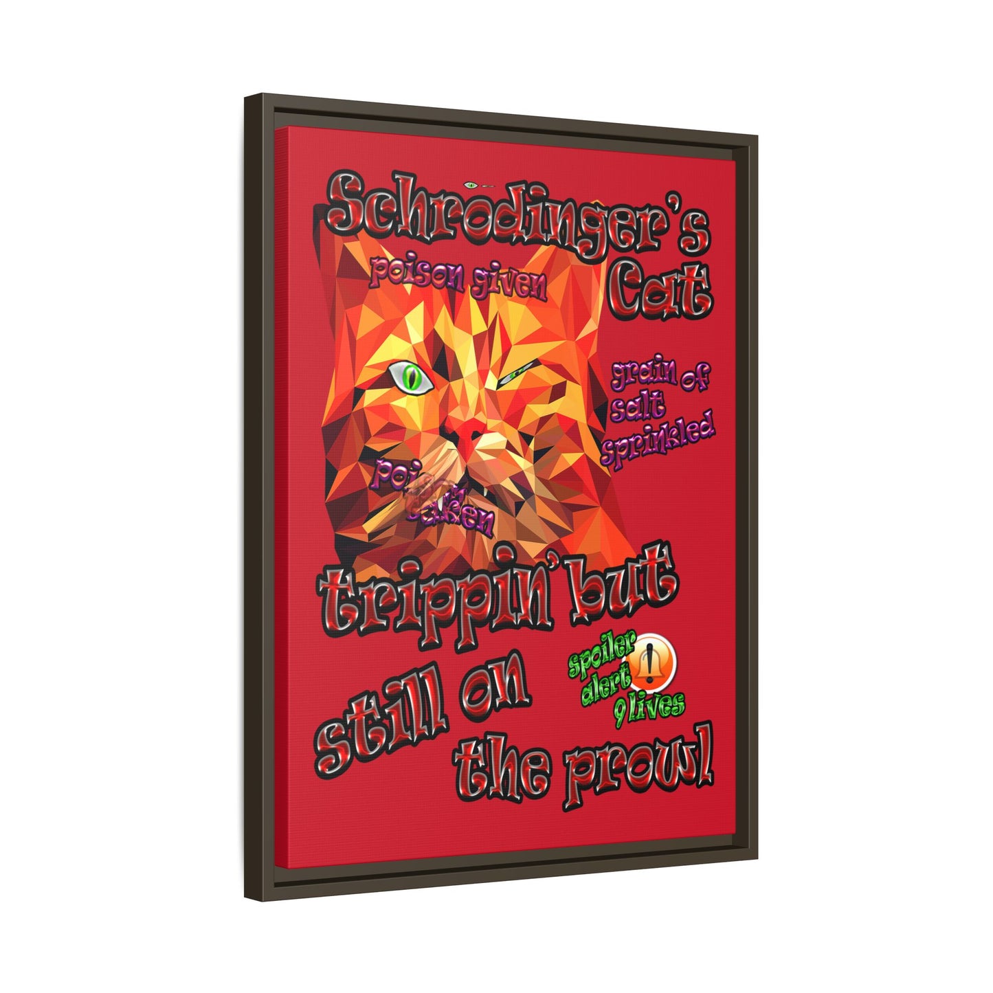 schrodinger's cat - framed canvas art (dark red)