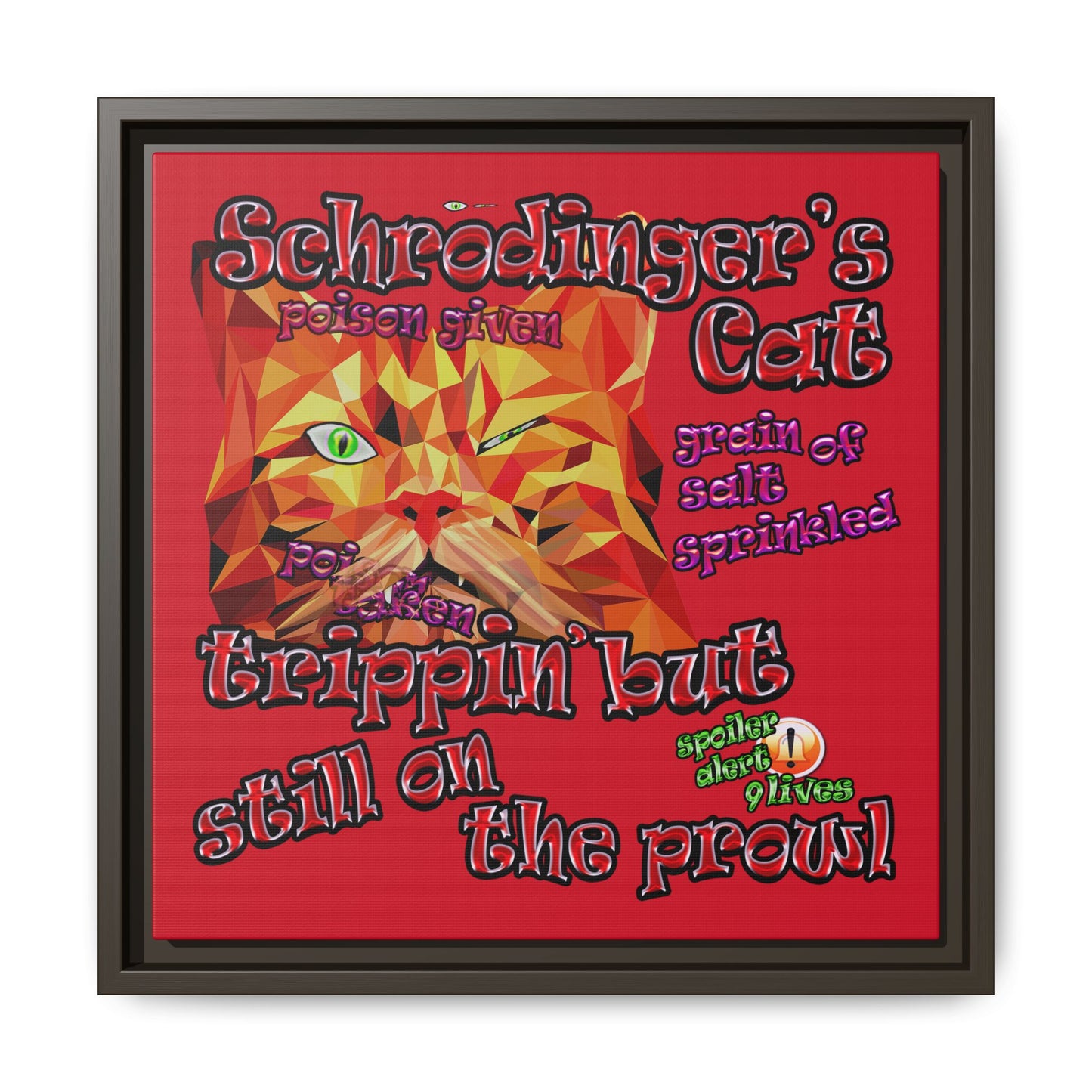 schrodinger's cat - framed canvas art (dark red)