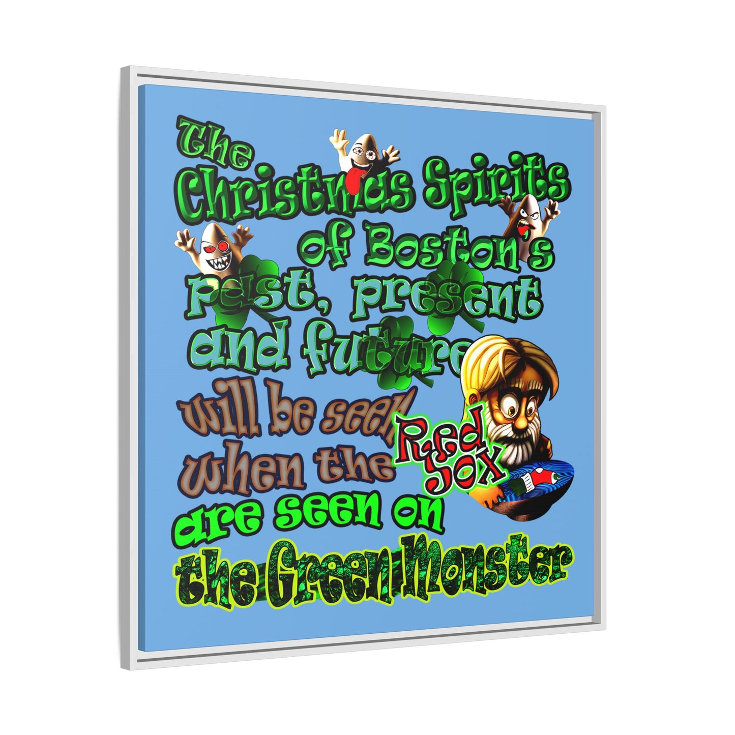 christmas spirits of boston - framed canvas art (light blue)