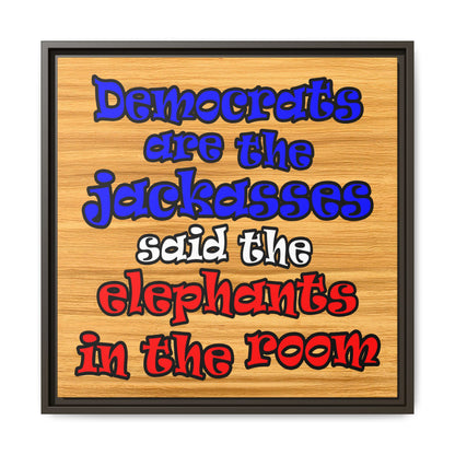 donkeys and elephants - framed canvas art (butterscotch wood finish)