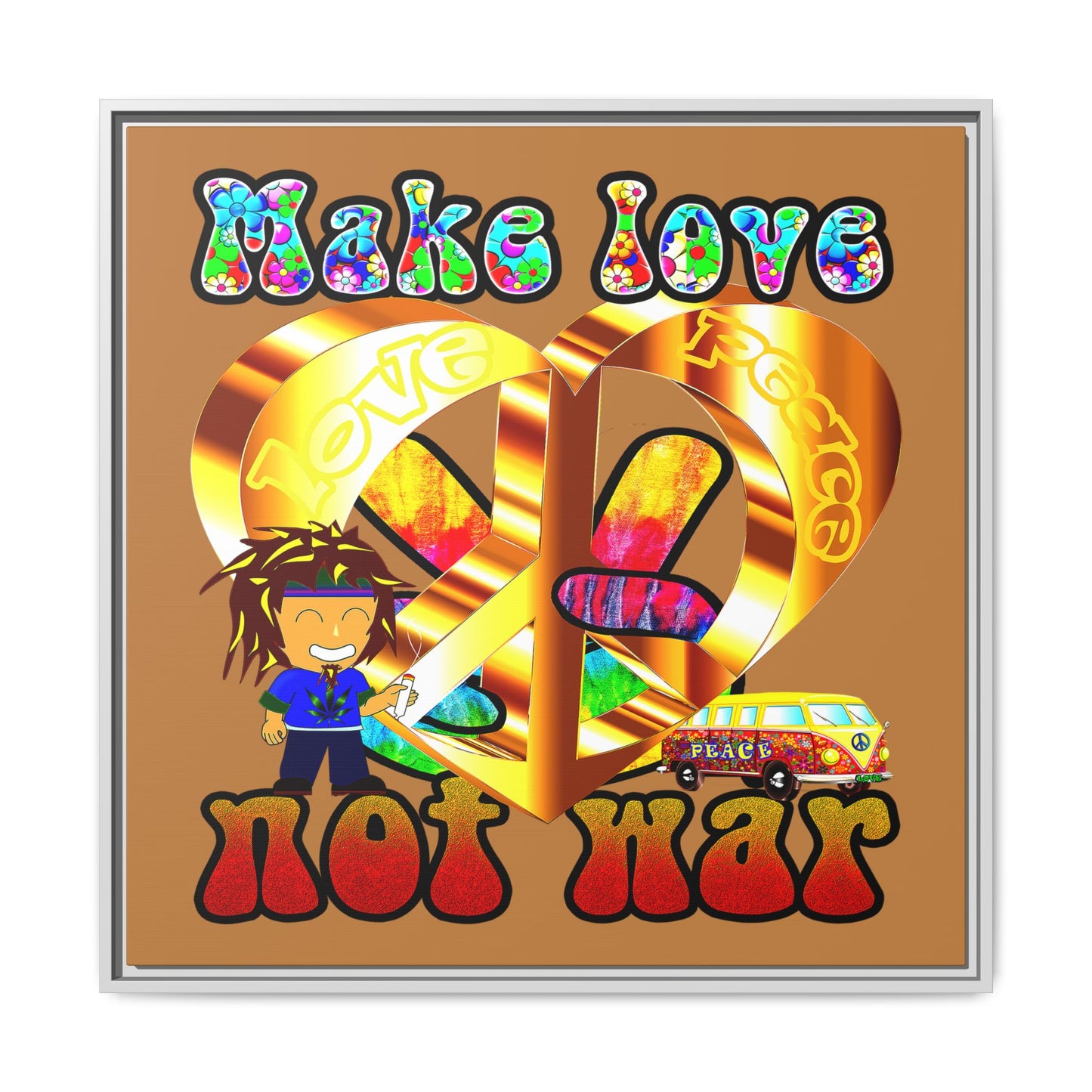 love peace - framed canvas art (light brown)