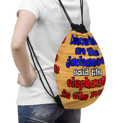 donkeys and elephants - Drawstring Bag (butterscotch wood finish)