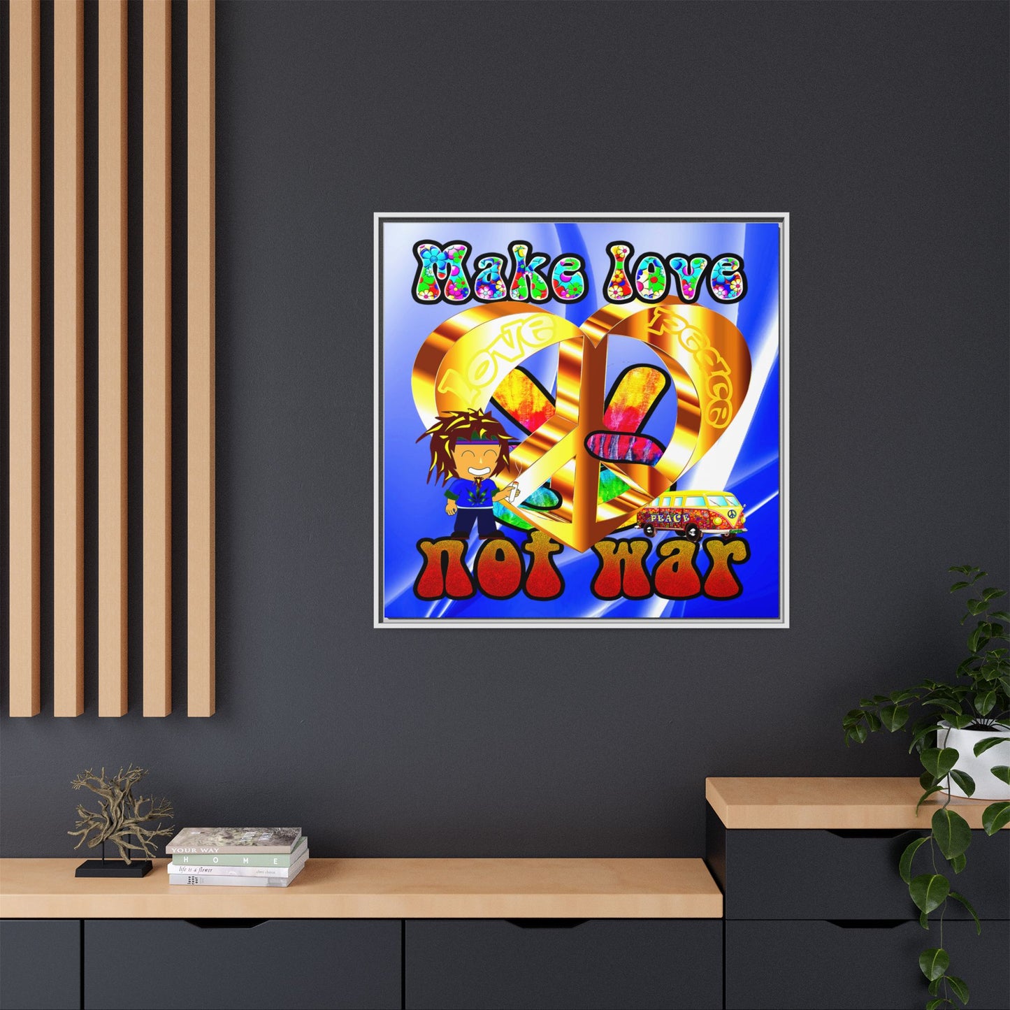 love peace - framed canvas art (blue-white wave)