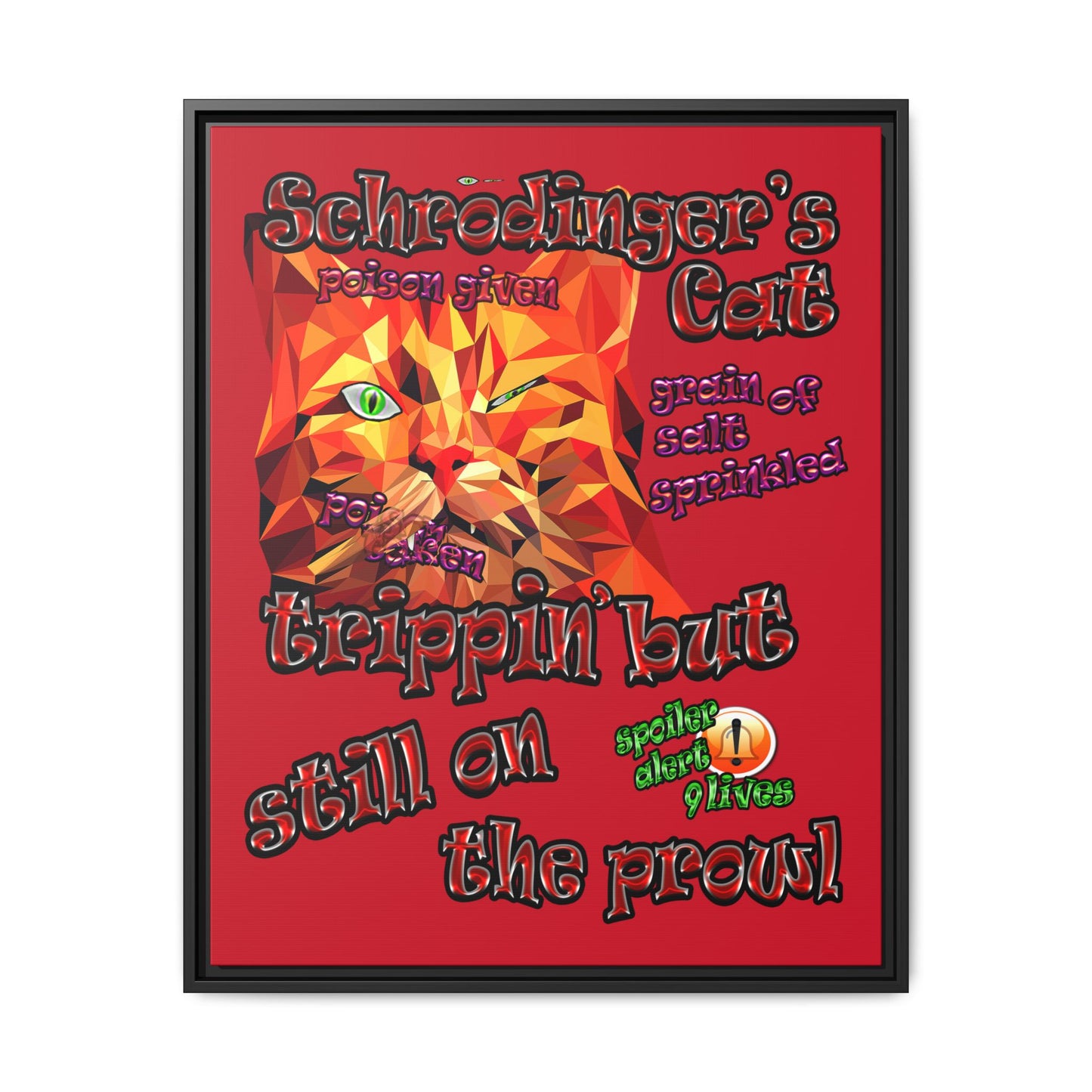 schrodinger's cat - framed canvas art (dark red)
