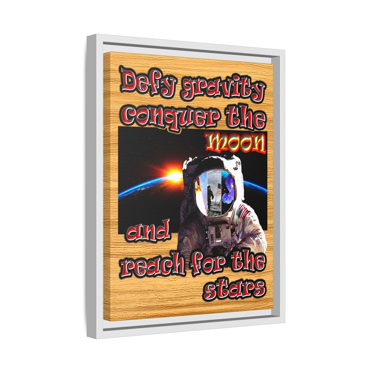 defy conquer reach - framed canvas art (butterscotch wood finish)