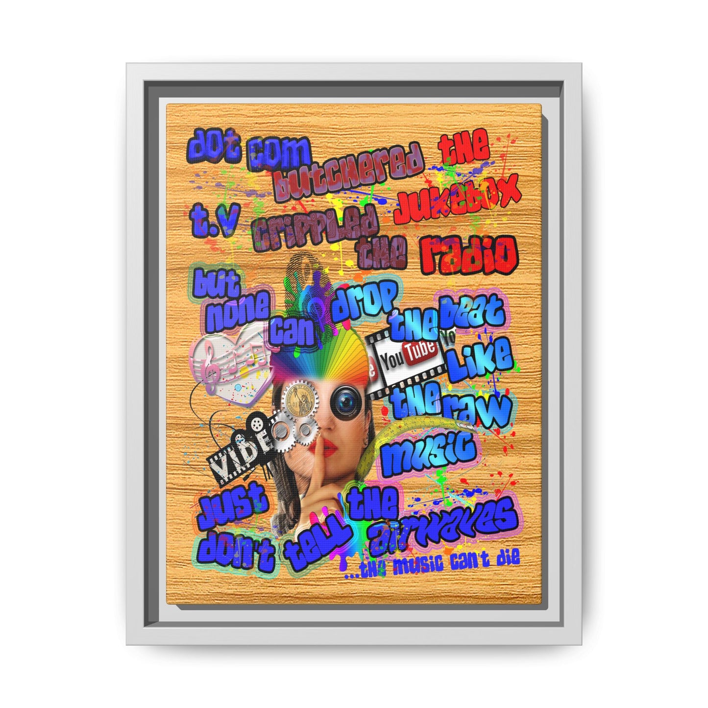 drop the beat - framed canvas art (butterscotch wood finish)