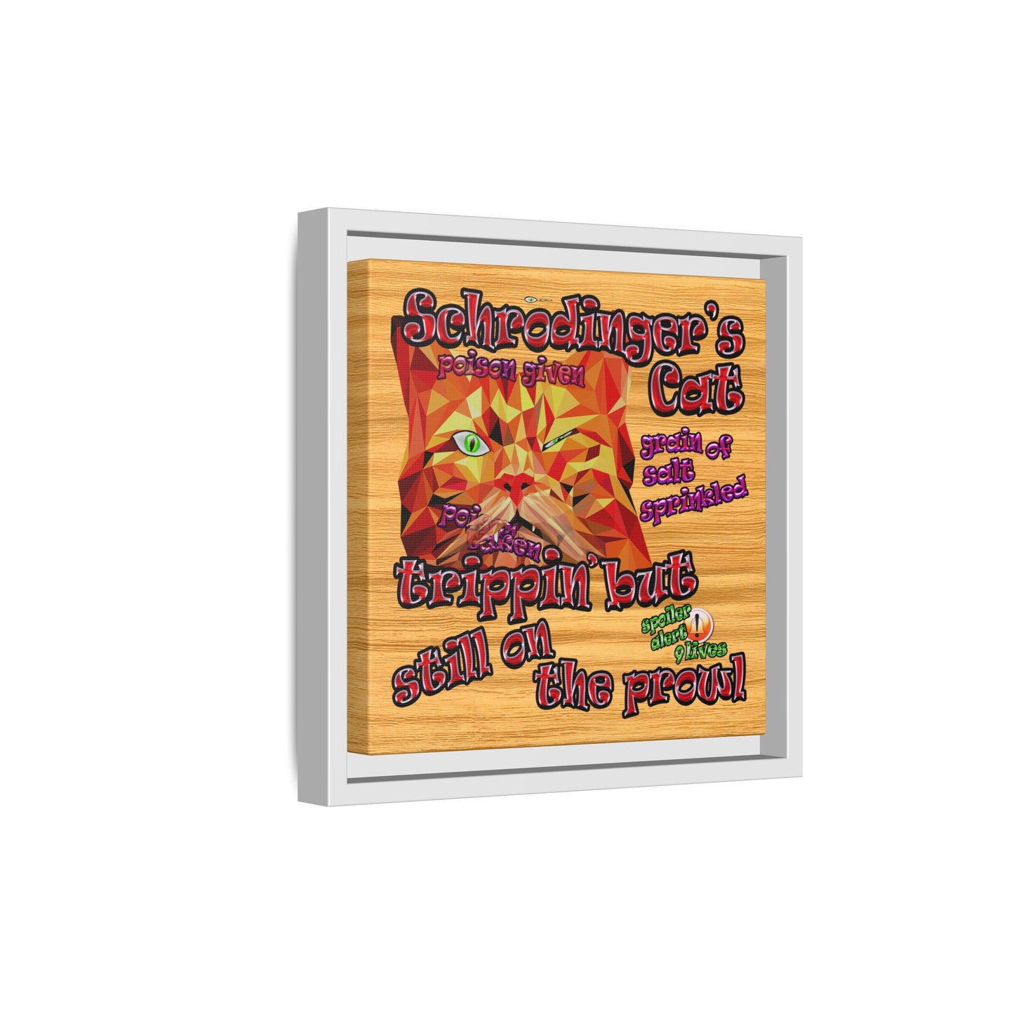 schrodinger's cat - framed canvas art (butterscotch wood finish)