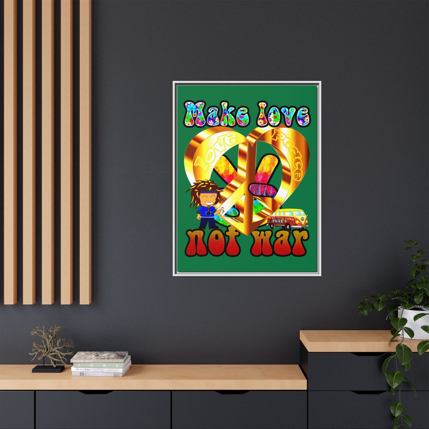love peace - framed canvas art (dark green)