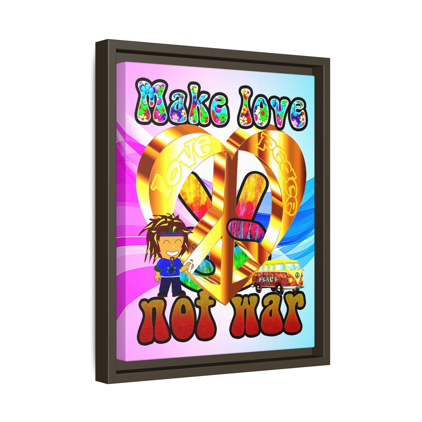love peace - framed canvas art (light blue-pink wave)