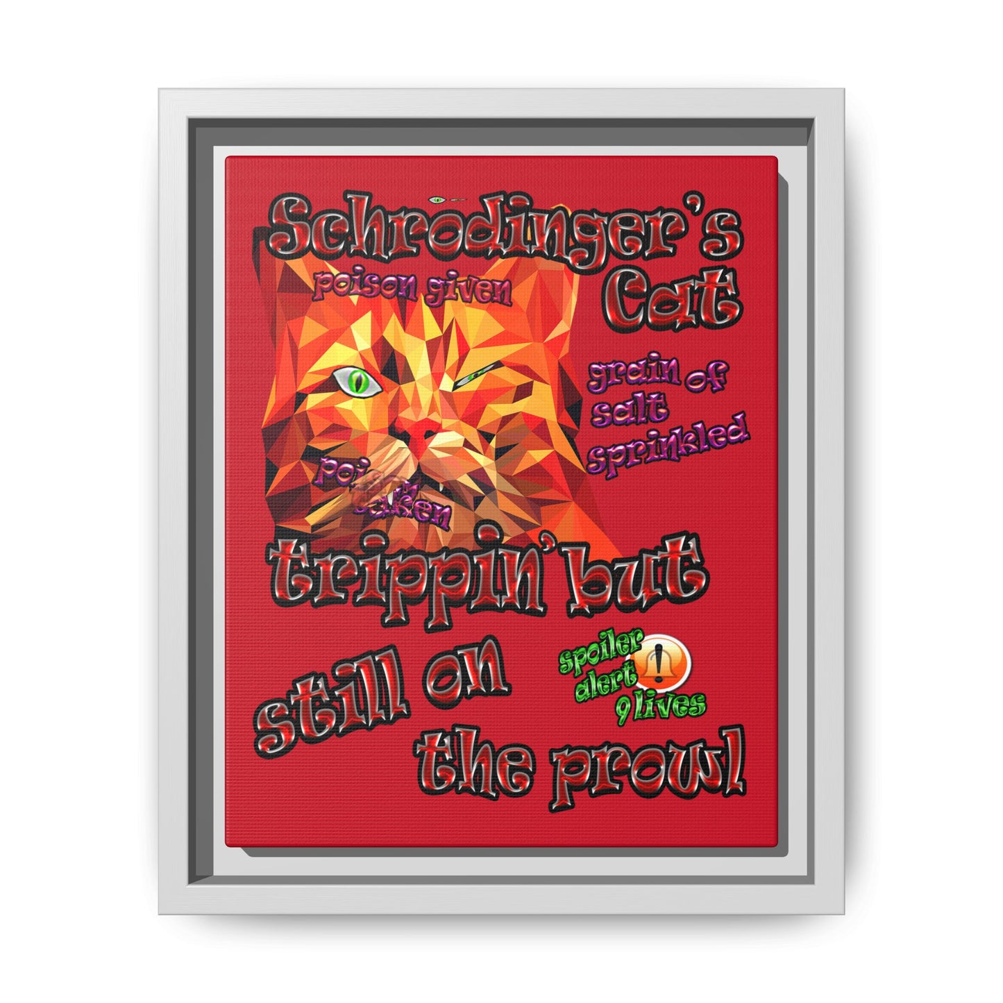 schrodinger's cat - framed canvas art (dark red)