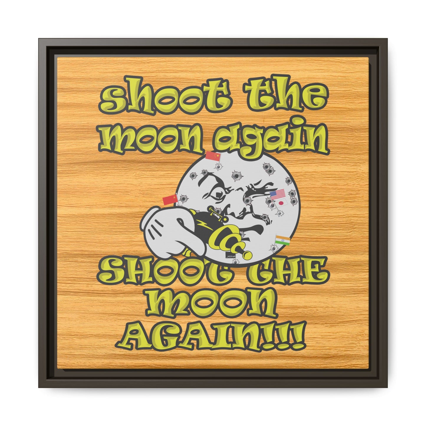 shoot the moon again - framed canvas art (butterscotch wood finish)