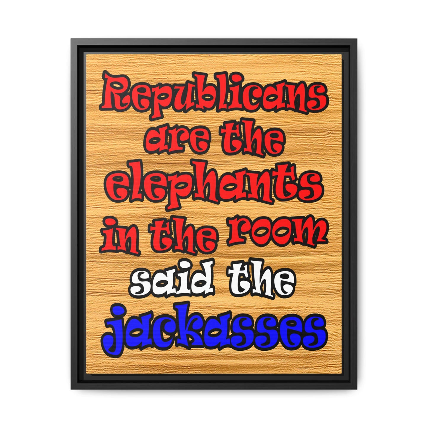 donkeys and elephants - framed canvas art (butterscotch wood finish)