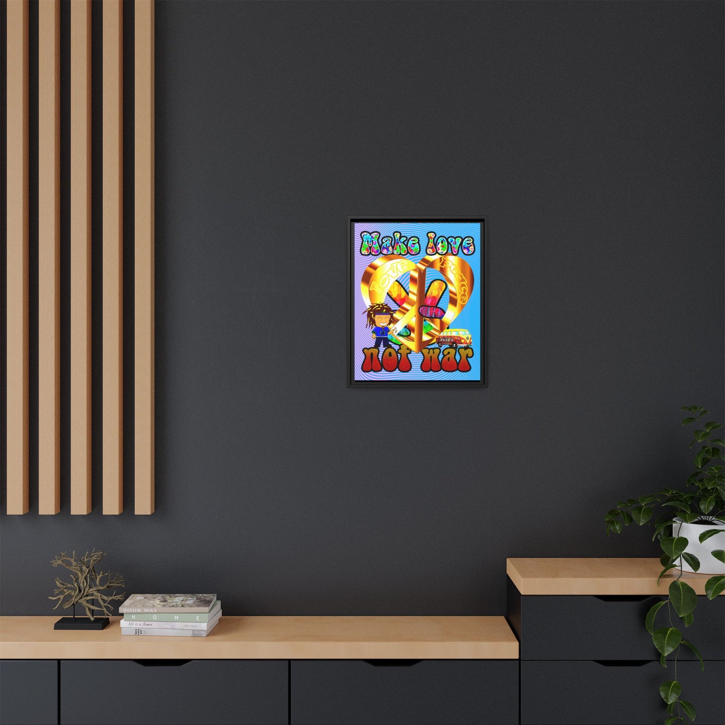 love peace - framed canvas art (light blue-purple wave)