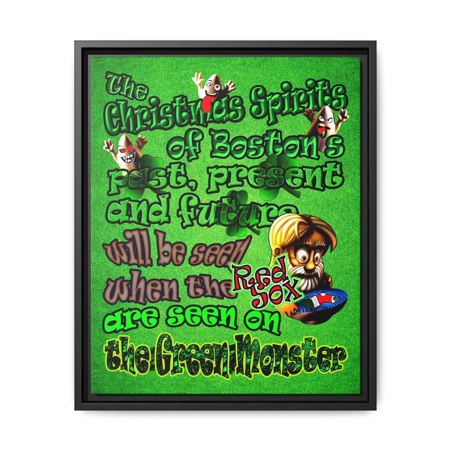 christmas spirits of boston - framed canvas art (green turf)