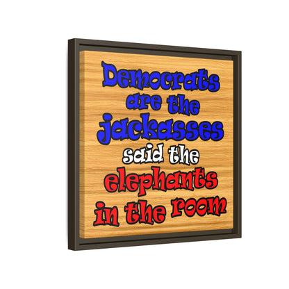 donkeys and elephants - framed canvas art (butterscotch wood finish)