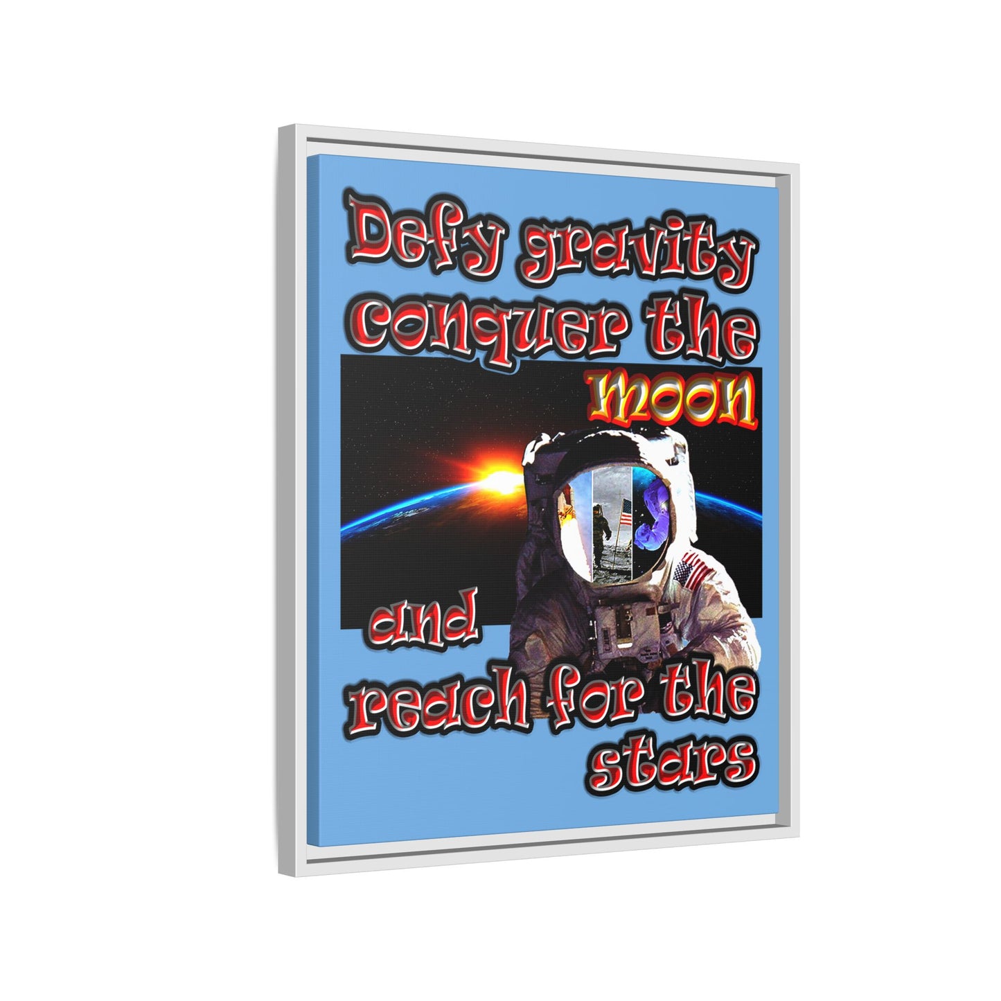 defy conquer reach - framed canvas art (light blue)
