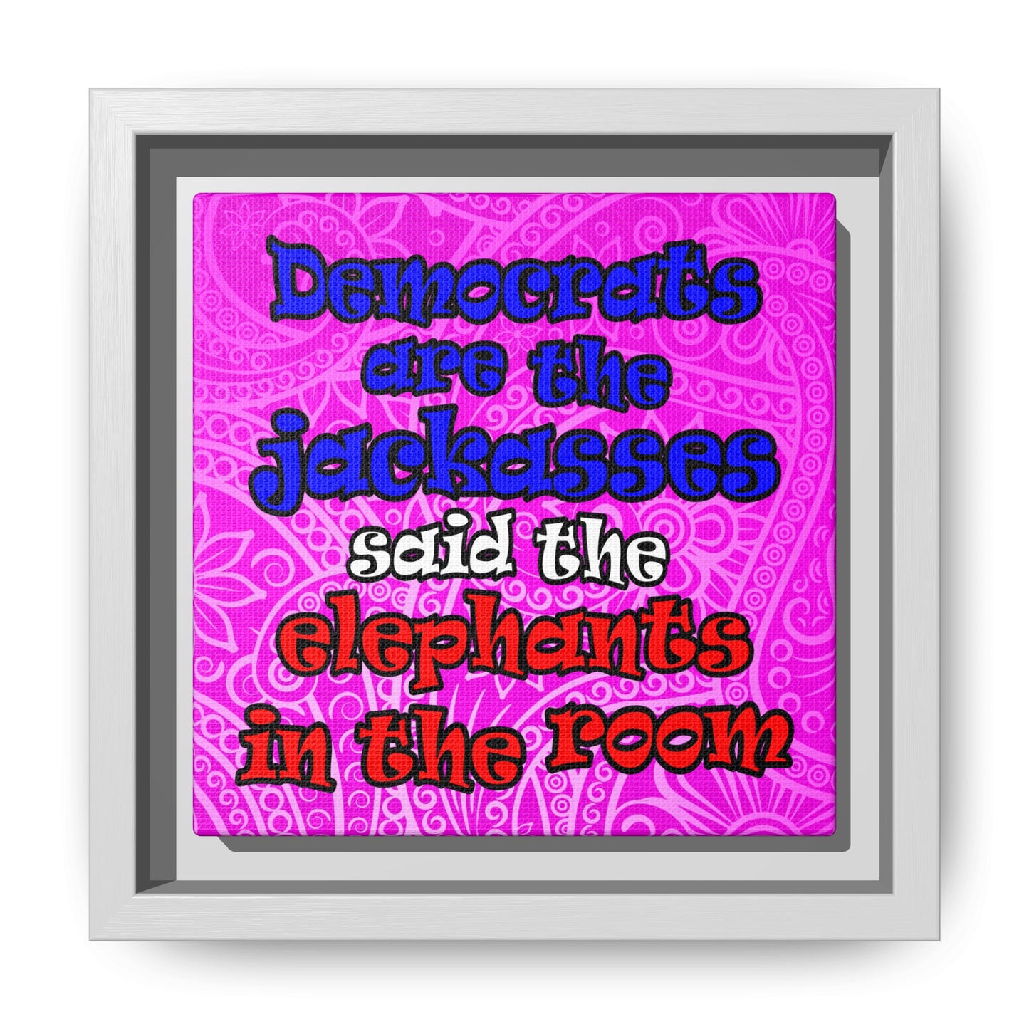 donkeys and elephants - framed canvas art (pink swirl)