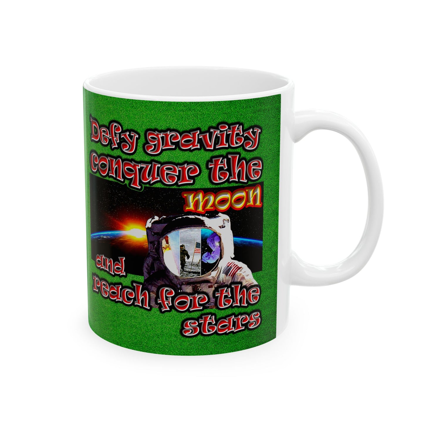 defy conquer reach - White Mug (green turf)