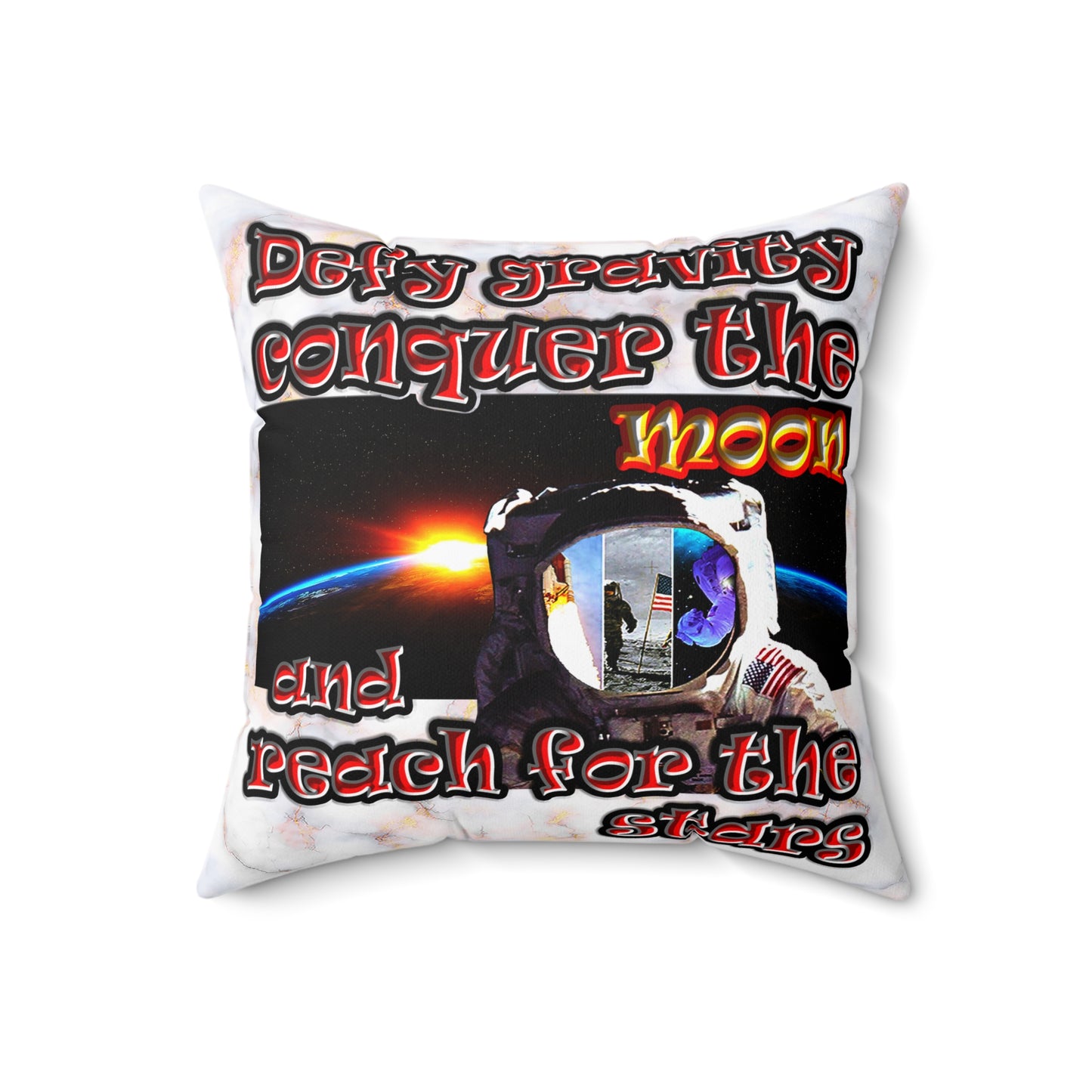 defy conquer reach - Spun Polyester Square Pillow - (white marble)