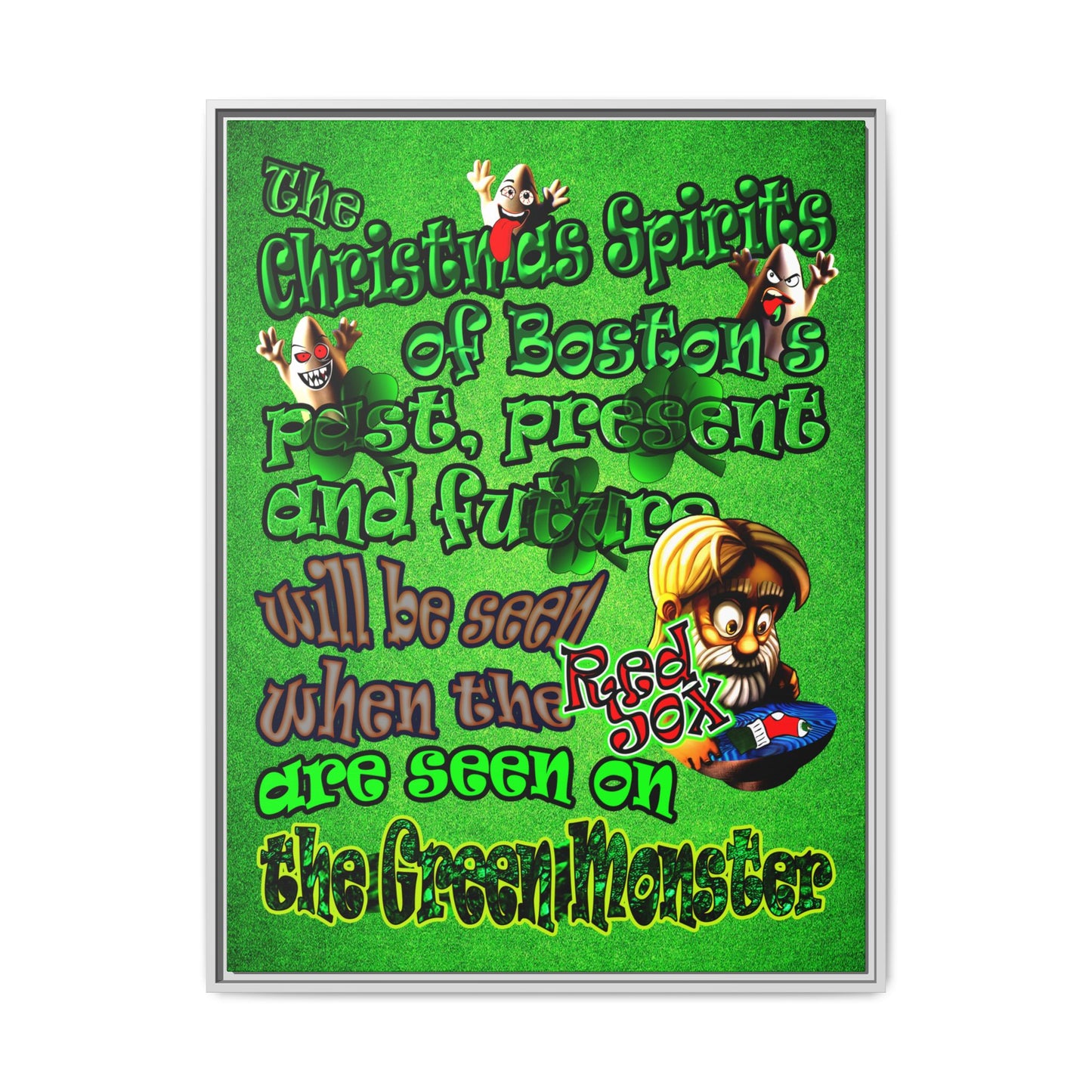 christmas spirits of boston - framed canvas art (green turf)