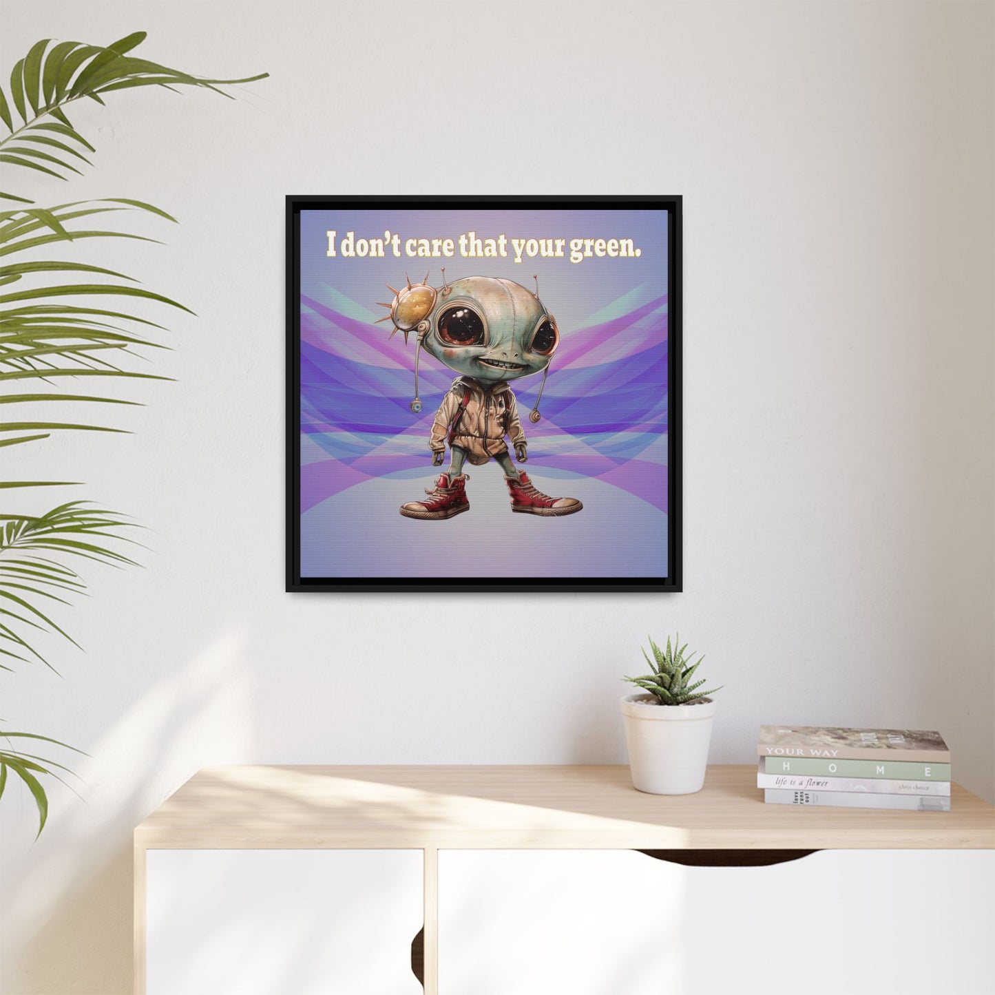 I don't care that your green - framed canvas art (light blue-pink wave)