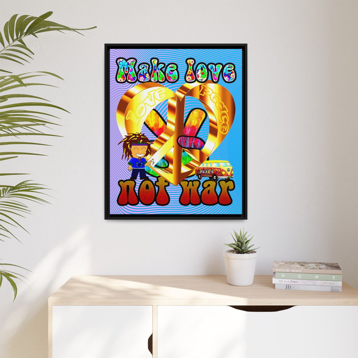love peace - framed canvas art (light blue-purple wave)