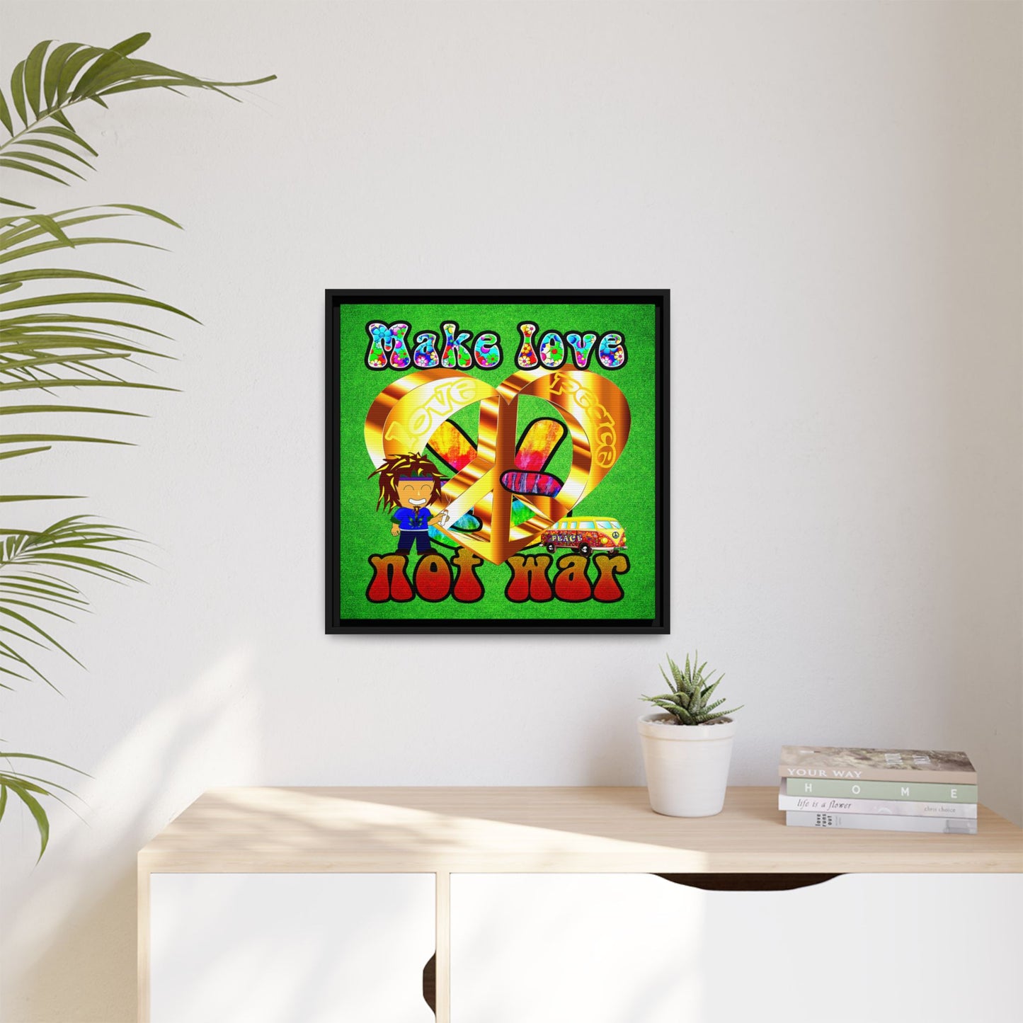 love peace - framed canvas art (green turf)