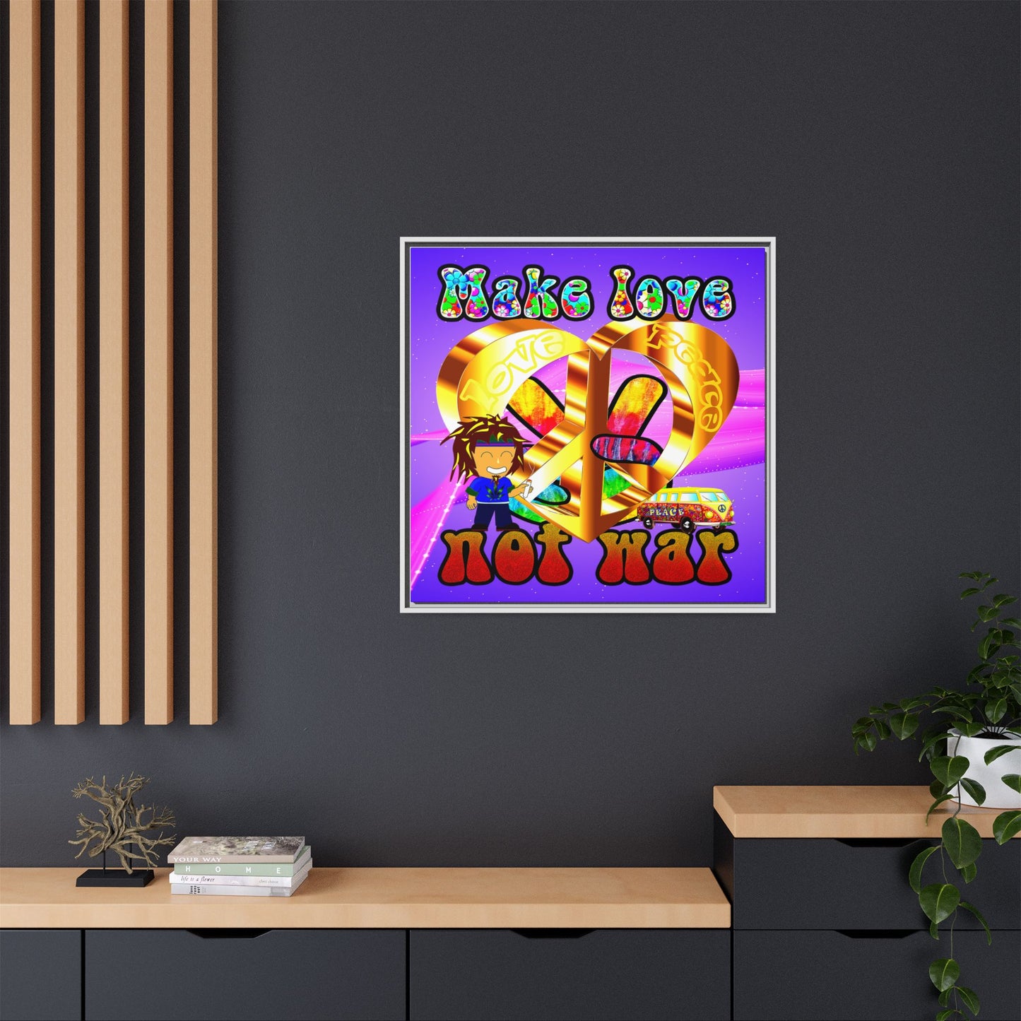 love peace - framed canvas art (purple-pink wave)