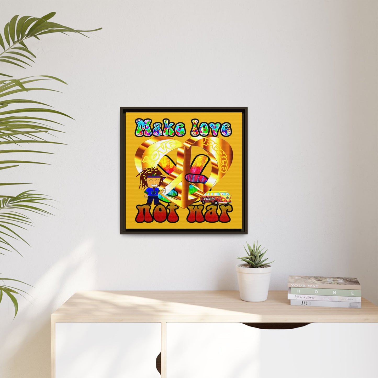 love peace - framed canvas art (yellow)