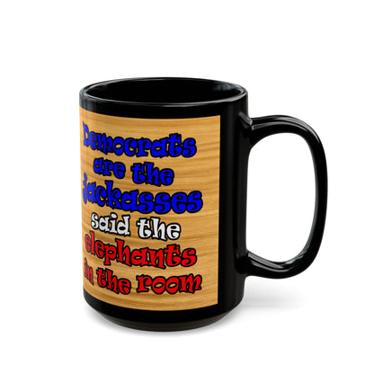 donkeys and elephants - Black Mug (butterscotch wood finish)