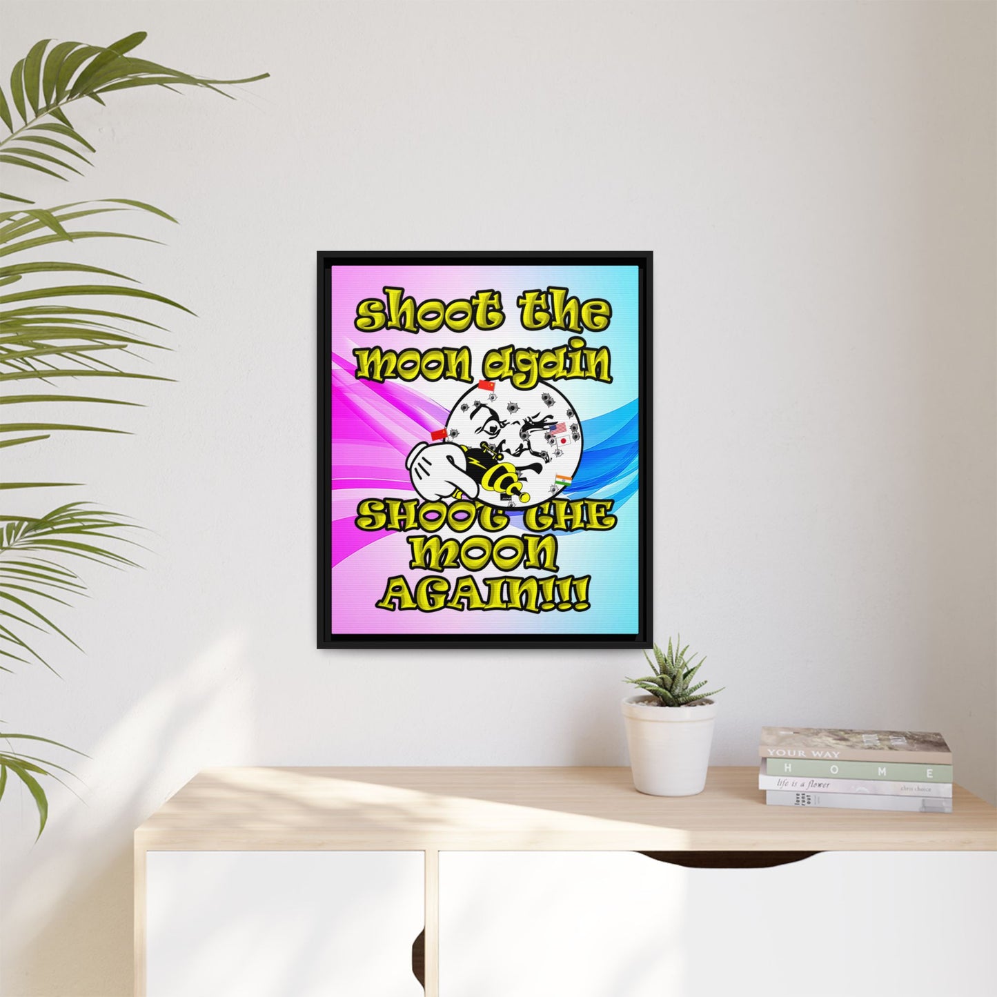shoot the moon again - framed canvas art (light blue-pink wave)