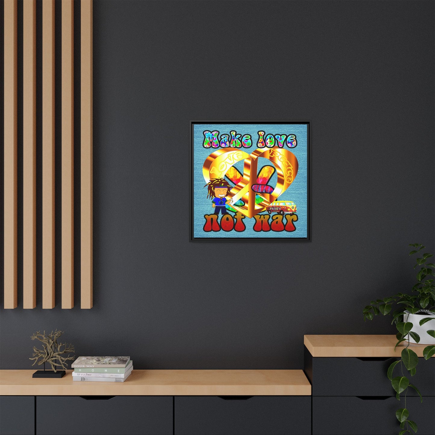 love peace - framed canvas art (faded blue)