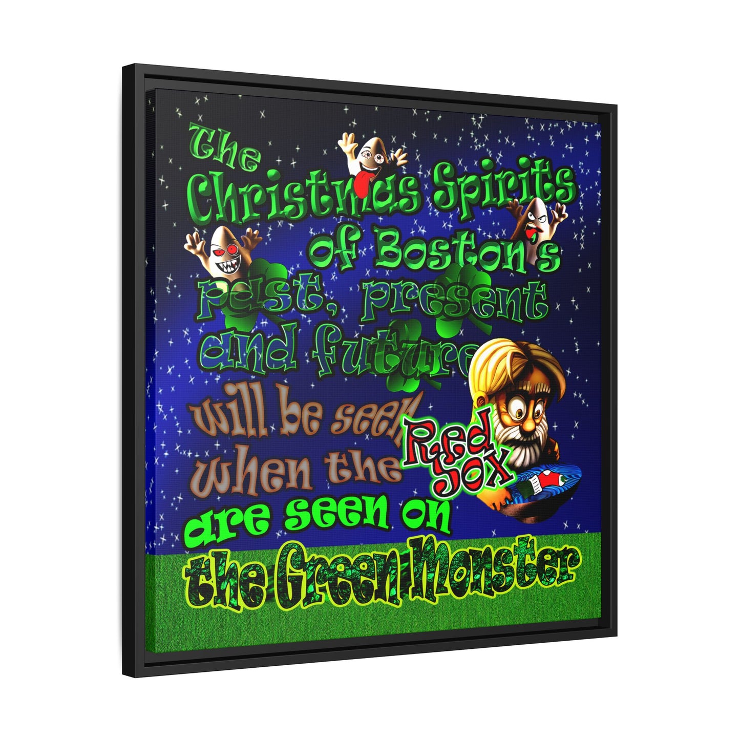 christmas spirits of boston - framed canvas art ('snoops' background)