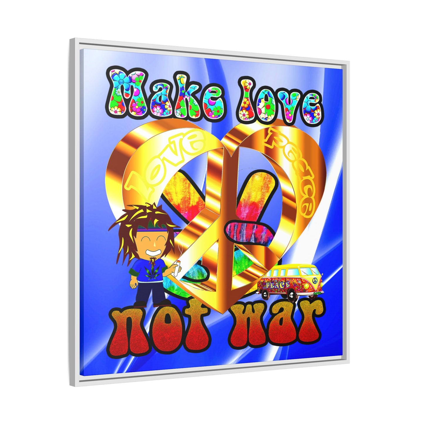 love peace - framed canvas art (blue-white wave)