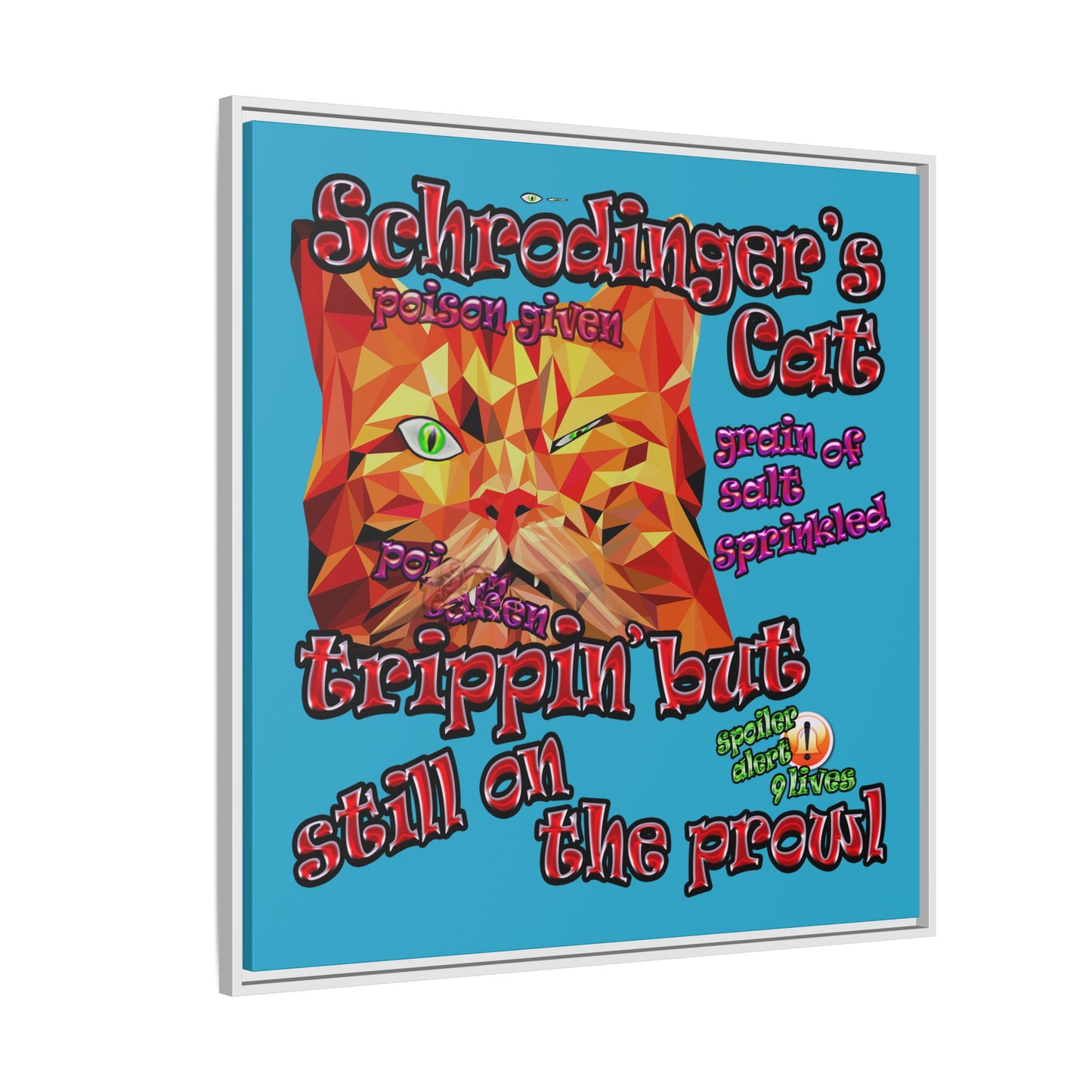 schrodinger's cat - framed canvas art (turquoise)