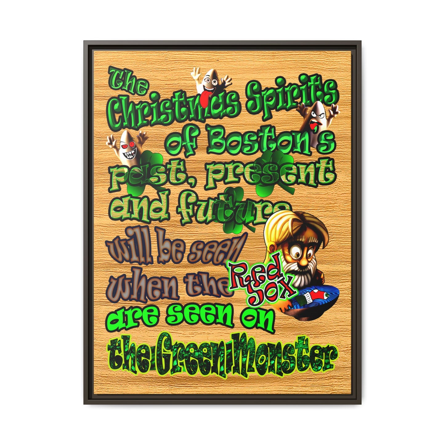 christmas spirits of boston - framed canvas art (butterscotch wood finish)