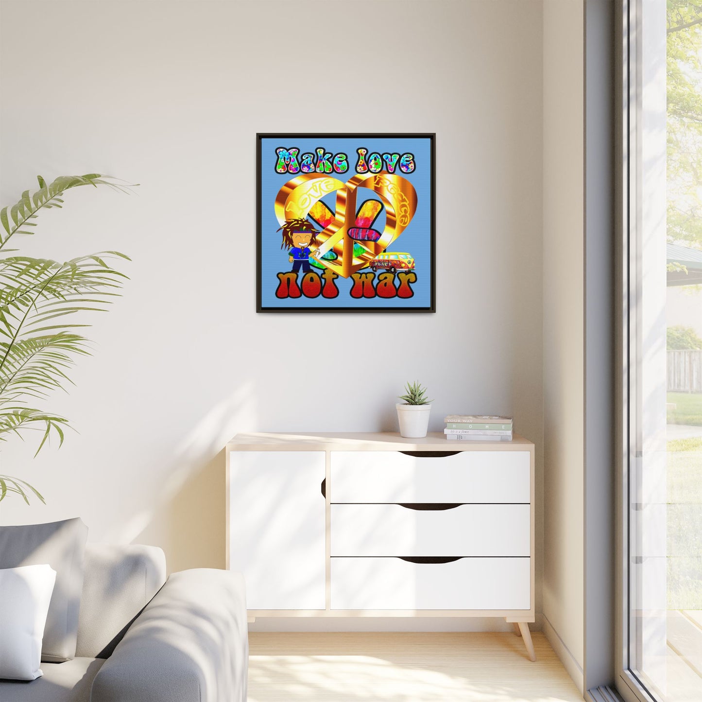 love peace - framed canvas art (light blue)