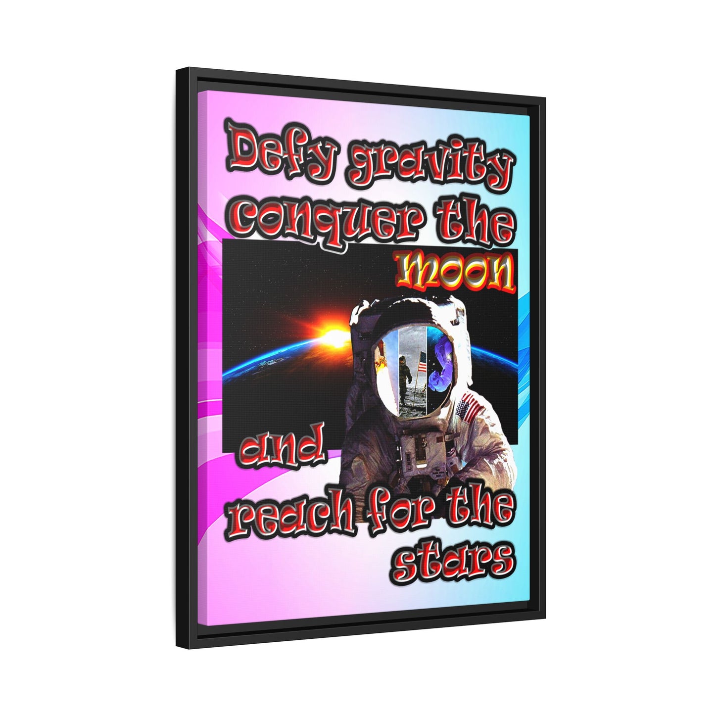 defy conquer reach - framed canvas art (light blue-pink wave)