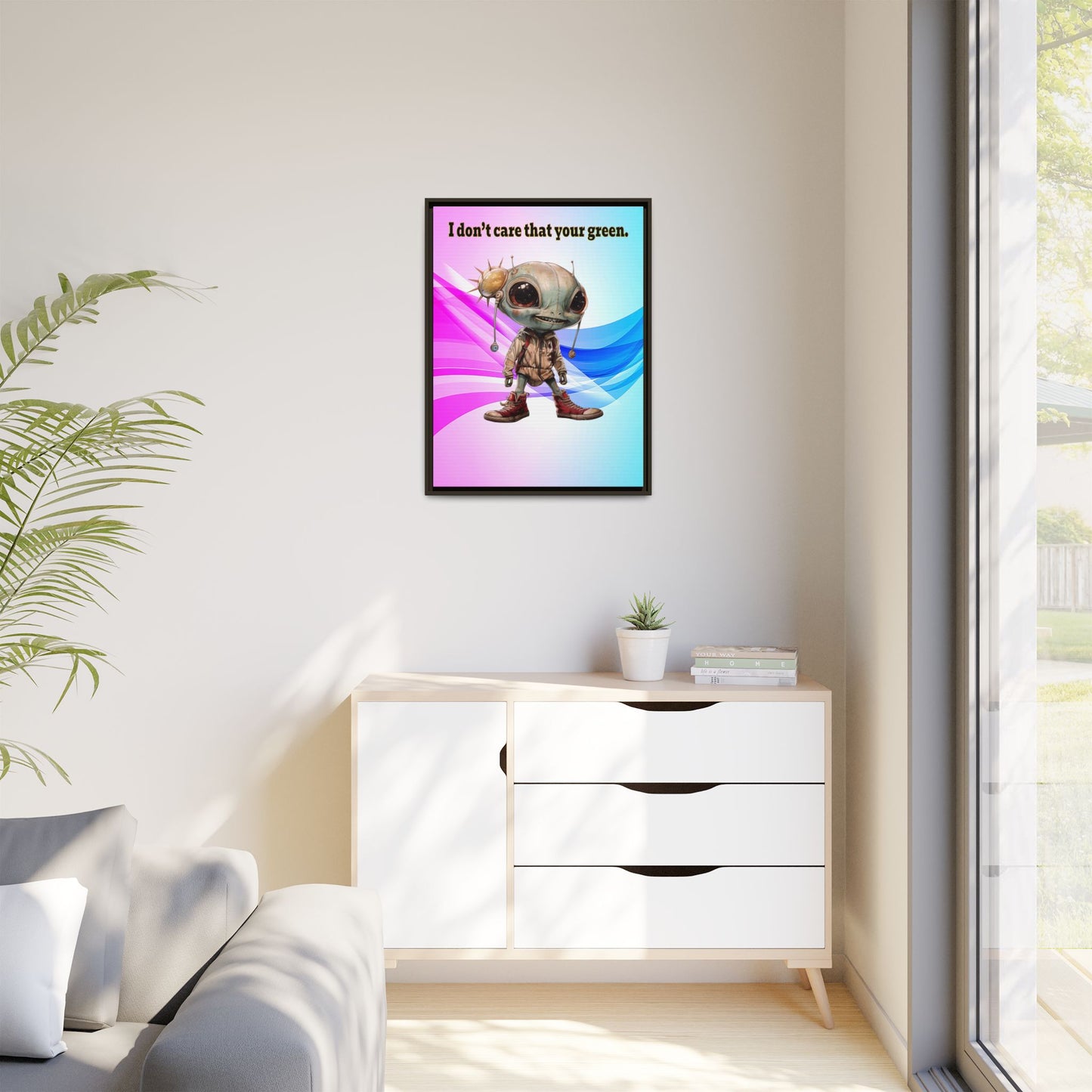 I don't care that your green - framed canvas art (light blue-pink wave)