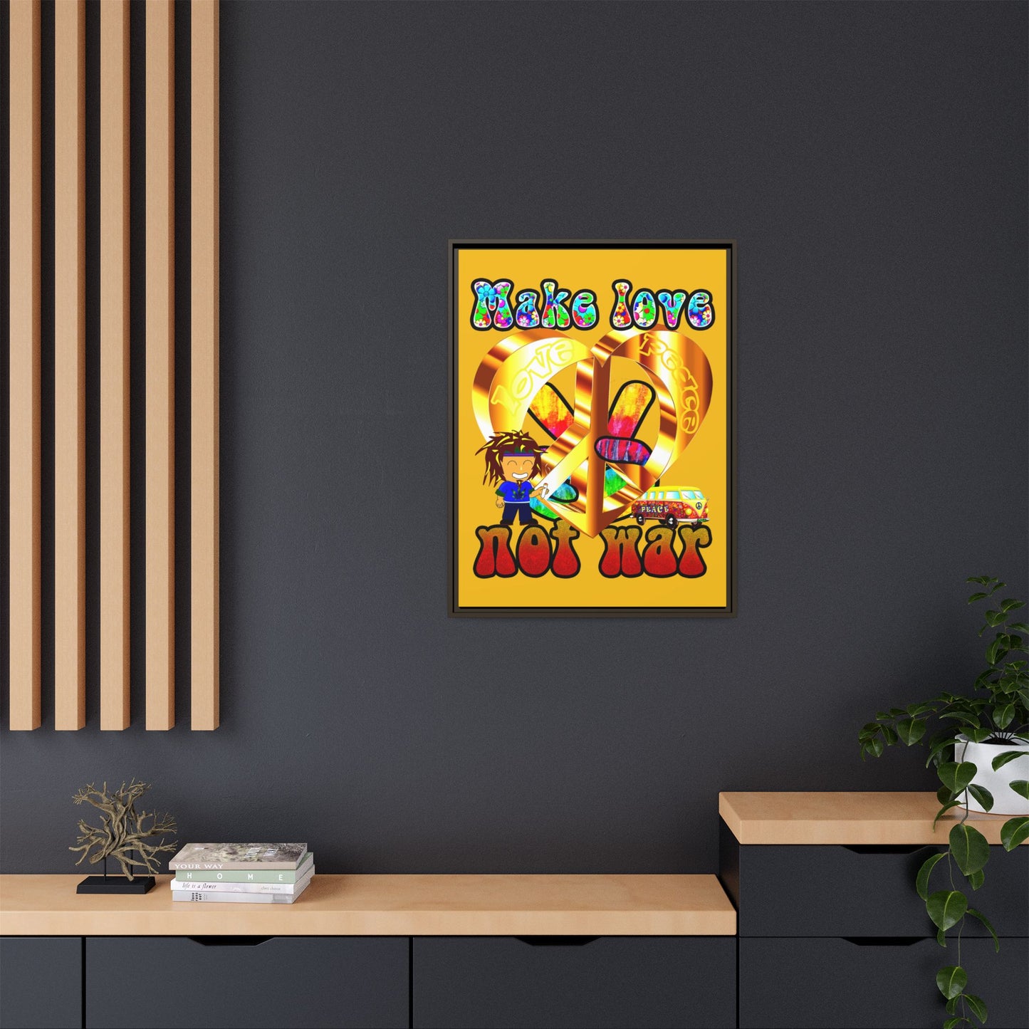love peace - framed canvas art (yellow)