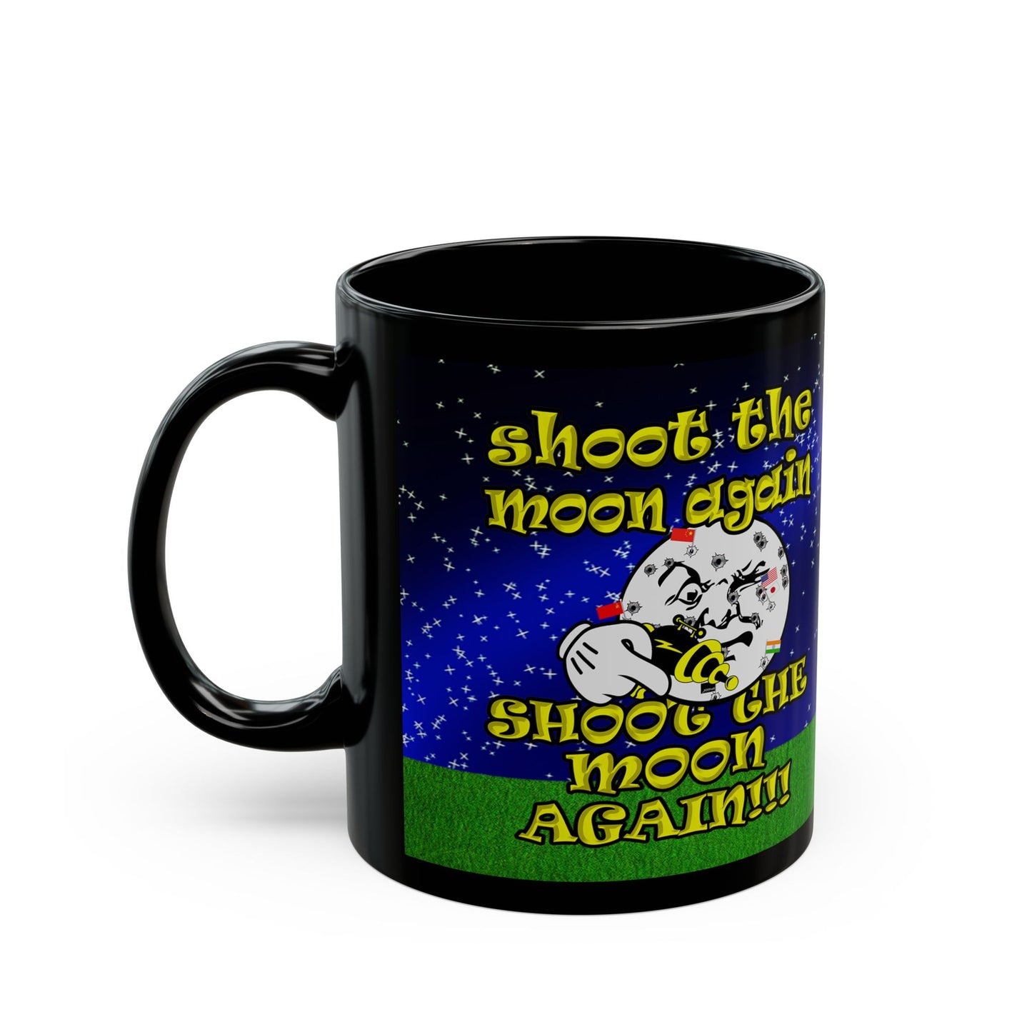 shoot the moon again - Black Mug ('snoops' background)
